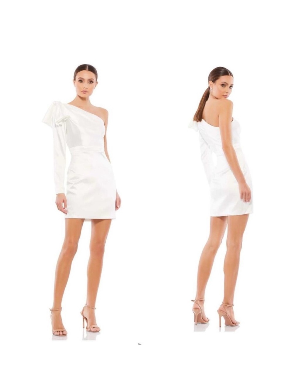 Mac Duggal One Shoulder Long Sleeve Satin Mini Dress 2 White NWT